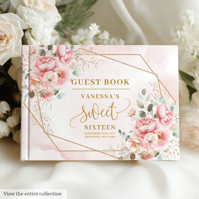 Glamorous Blush Pink Gold Floral Sweet Sixteen  Guest Book (Glamorous Blush Pink Gold Floral Sweet Sixteen Guest Book)