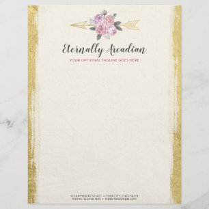 Glamorous Bohemian Floral Arrows Pink Gold Boho Letterhead
