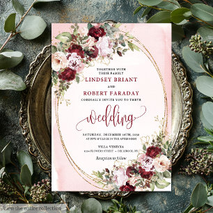Glamorous Boho Burgundy Blush Gold Roses Wedding  Invitation