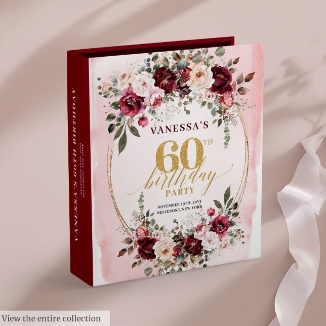 Glamorous Boho Burgundy Gold Roses 60th Memory 3 Ring Binder (Glamorous Boho Burgundy Gold Roses 60th Memory 3 ring binder )