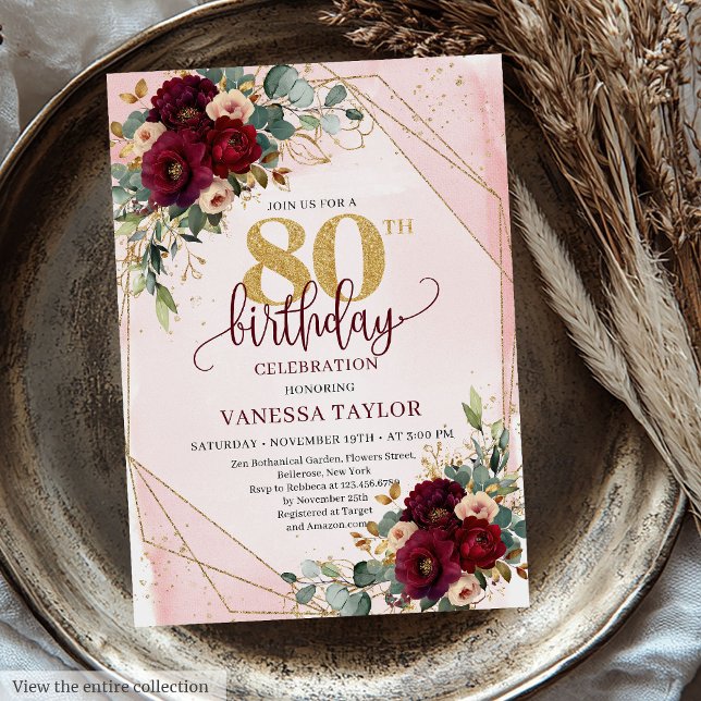 Glamorous Boho Burgundy Gold Roses 80th Birthday  Invitation (Glamorous Boho Burgundy Gold Roses 80th Birthday Invitation)