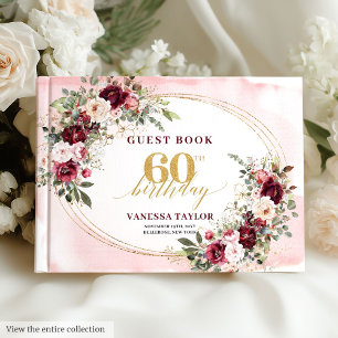 Glamorous Boho Marsala Floral Gold 60th Birthday  Guest Book