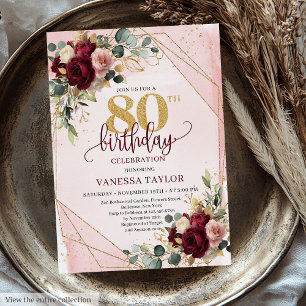 Glamorous boho marsala gold flowers 80th birthday invitation