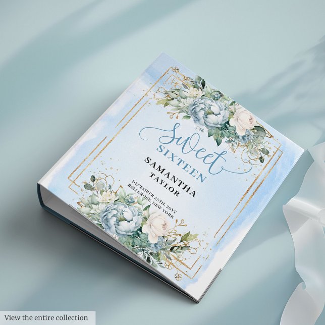 Glamorous Boho Pastel Blue Greenery Floral Sweet  3 Ring Binder (Glamorous Boho Pastel Blue Greenery Floral Sweet 16)