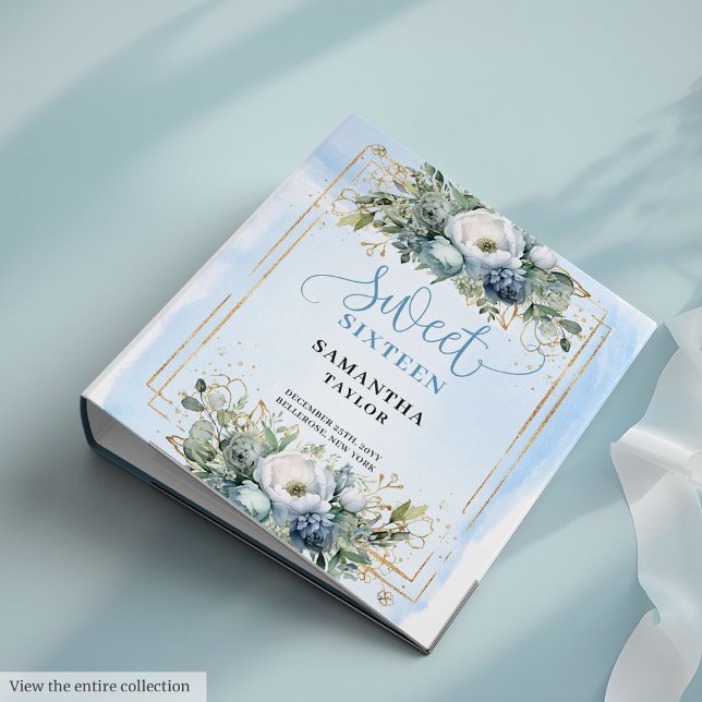 Glamorous Boho Pastel Blue Greenery Flowers Sweet  3 Ring Binder (Glamorous Boho Pastel Blue Greenery Flowers Sweet 16)