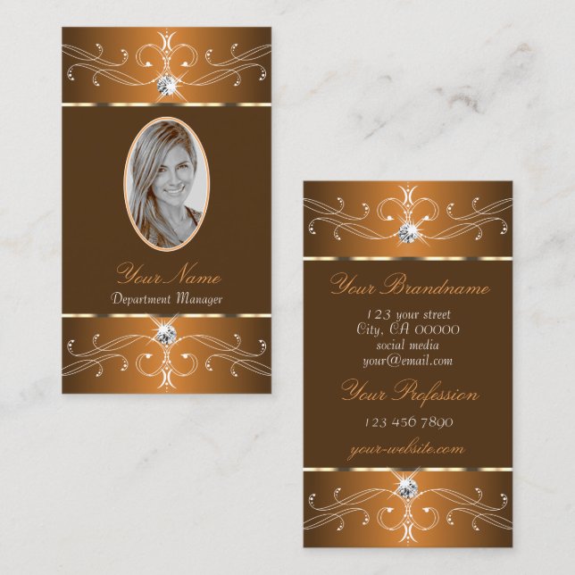 Glamorous Brown Orange Ornate Ornaments with Photo Business Card (Front/Back)
