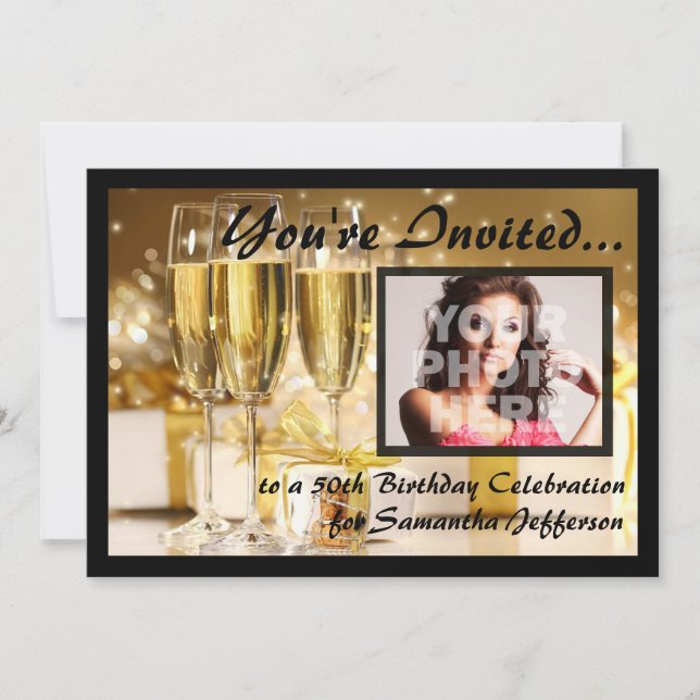 Glamorous Bubbly Photo 50th Birthday Invitations (Front)