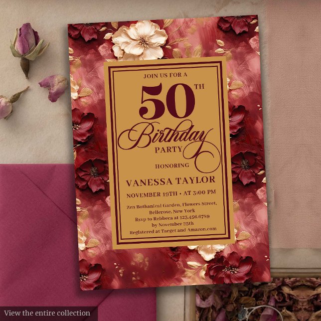 Glamorous burgundy blush gold roses 50th birthday  invitation (Glamorous burgundy blush gold roses 50th birthday card

)