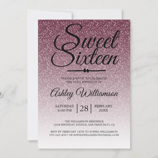 Glamorous Burgundy Glitter Ombre Sweet 16 Birthday Invitation (Front)