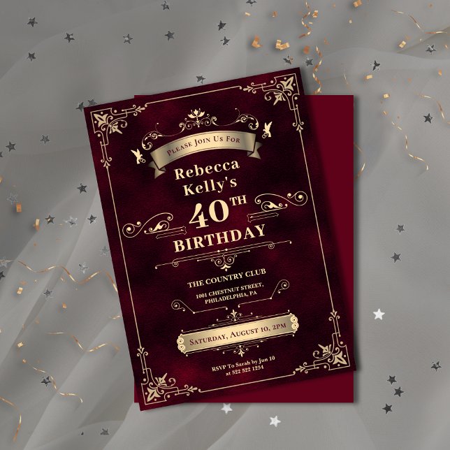 Glamorous Burgundy Gold Milestone Age Birthday Invitation (Glamorous Burgundy Gold Milestone Age Birthday Invitation)