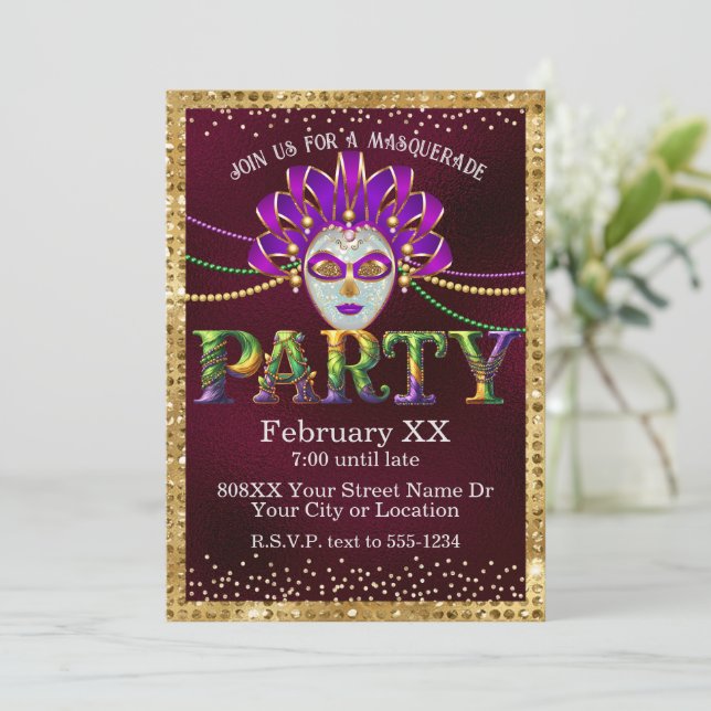 Glamorous Burgundy Masquerade Mardi Gras Party Invitation (Standing Front)