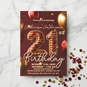 Glamorous Burgundy Red Gold Balloon 21st Birthday Invitation
