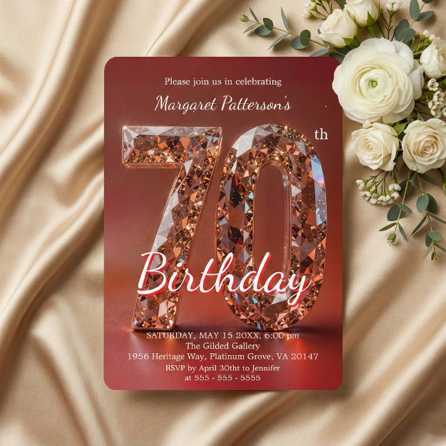 Glamorous Burgundy Rose Gold Diamond 70th Birthday Invitation (Creator Uploaded)