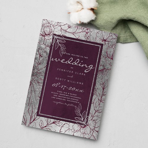 Glamorous burgundy silver elegant floral wedding invitation