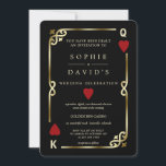 Glamorous Casino Las Vegas Poker Wedding Invitation<br><div class="desc">Luxury Casino Royale, art deco themed card design. It features vintage art deco style, a Roaring 1920's old Hollywood broken frame with faux gold foil Fleur-de-lis, red hearts, Q and K on two corners (simulating playing cards), on black background. Special wording are used as in poker game. On the back...</div>