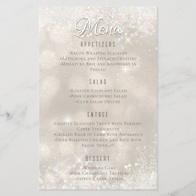 Glamorous Champagne Glitter Luxury Wedding Menu Flyer (Front)