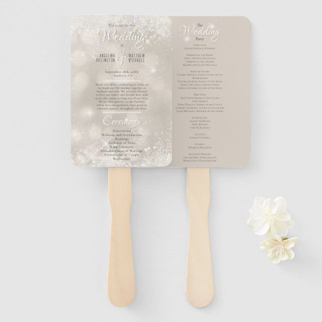 Glamorous Champagne Glitter Luxury Wedding Program Hand Fan (Front and Back)