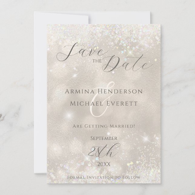 Glamorous Champagne Glitter Photo Wedding Save The Date (Front)