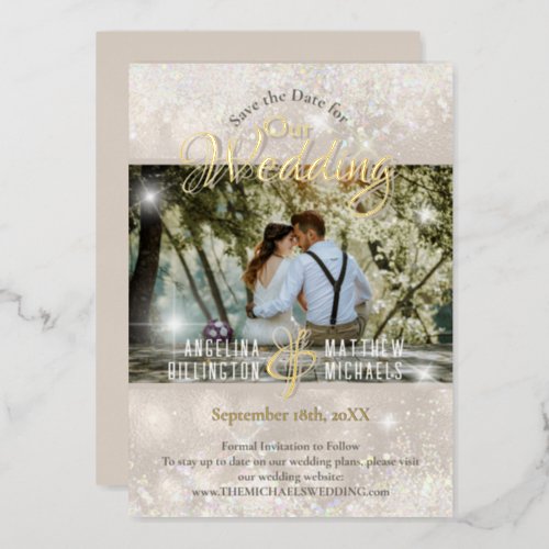 Glamorous Champagne Glitter Wedding Save the Date Foil Invitation