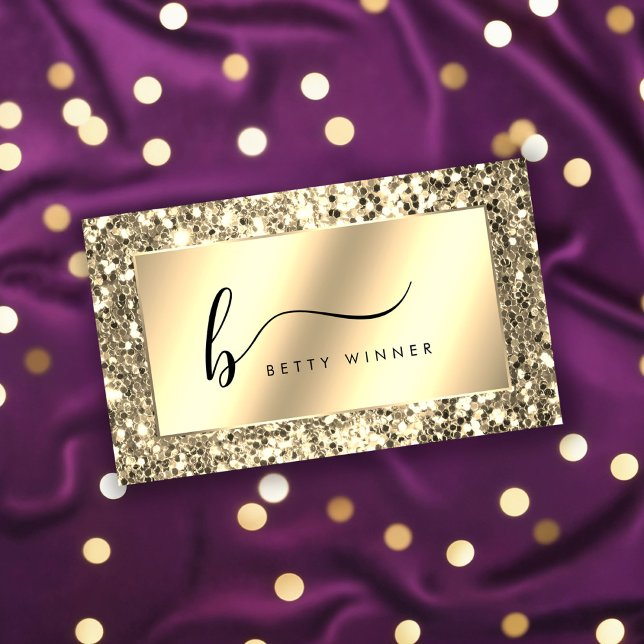 Glamorous Champagne Gold Glitter Script Monogram Business Card (Creator Uploaded)