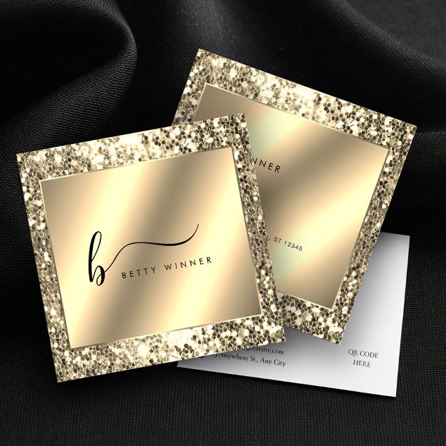 Glamorous Champagne Gold Glitter Script Monogram Square Business Card (Creator Uploaded)
