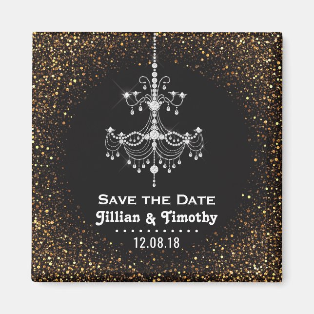 Glamorous Chandelier Wedding Save the Date Gold Magnet (Front)