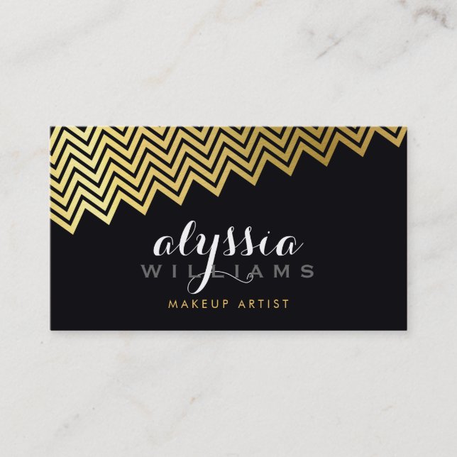 GLAMOROUS chevron pattern shiny gold foil black Business Card (Front)