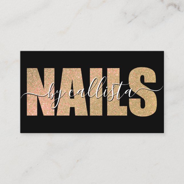 Glamorous Chic Gold Glitter Typography Nail Artist Business Card (Front)