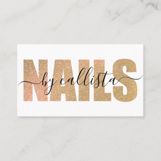 Glamorous Chic Gold Glitter Typography Nail Artist Business Card (Front)