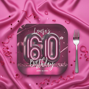 Glamorous Chic Hot Pink Neon 60th Birthday Party Paper Plates