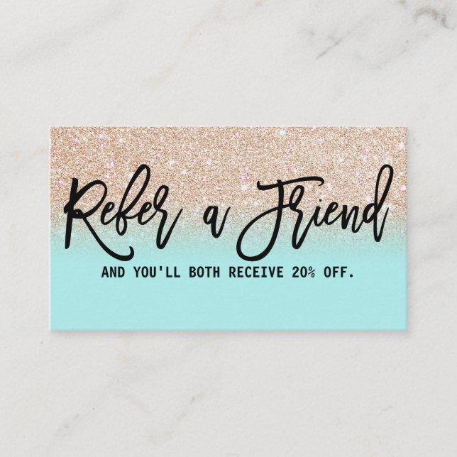 Glamorous Chic Mint Gold Glitter Modern Referral Card (Front)