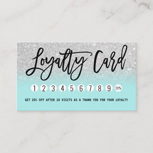 Glamorous Chic Mint Silver Glitter Modern Loyalty Card (Front)