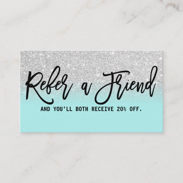 Glamorous Chic Mint Silver Glitter Modern Referral Card (Front)