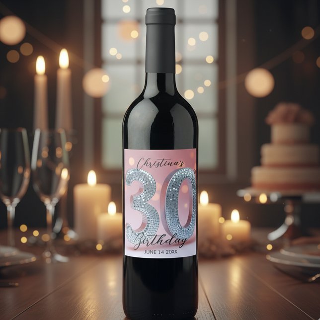 Glamorous Chic Pink and Silver Sequin 30 Birthday Wine Label (Creator Uploaded)