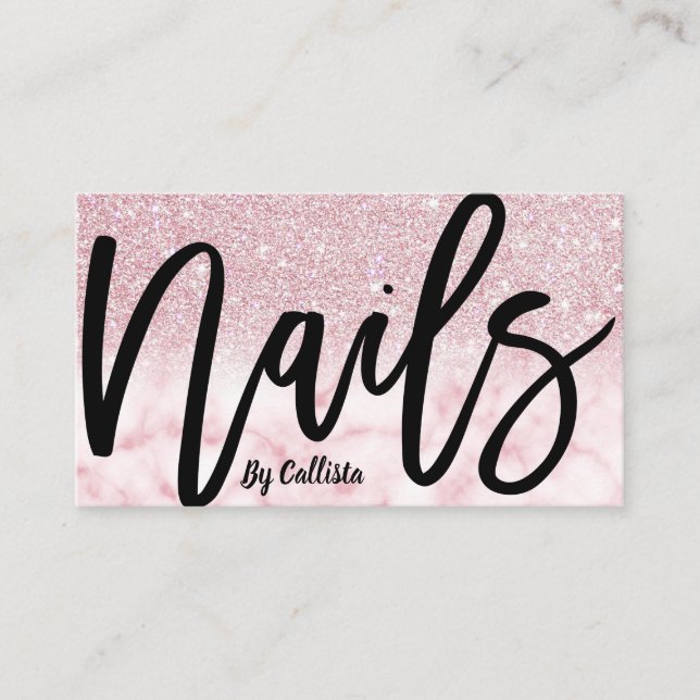Glamorous Chic Pink Glitter Marble Nail Technician Business Card (Front)