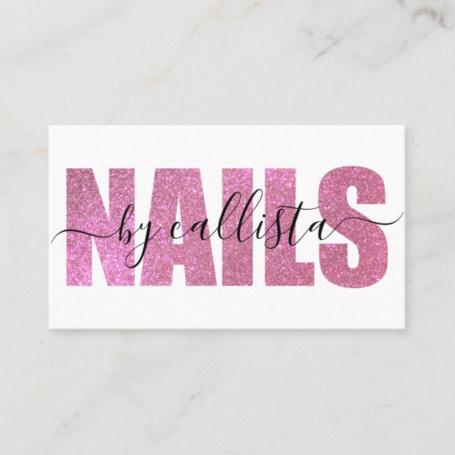 Glamorous Chic Pink Glitter Typography Nail Artist Business Card (Front)