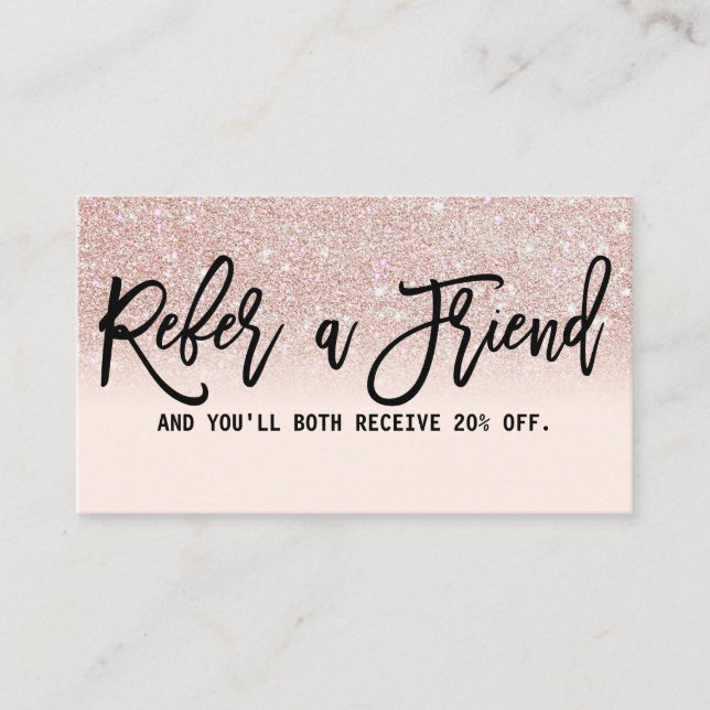 Glamorous Chic Rose Gold Glitter Pink Modern Referral Card (Front)