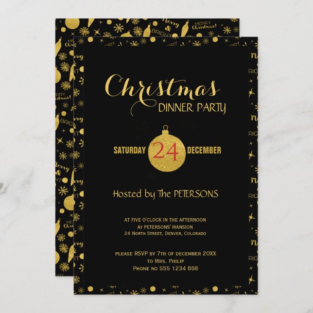 Glamorous Christmas script pattern gold black Invitation (Front/Back)