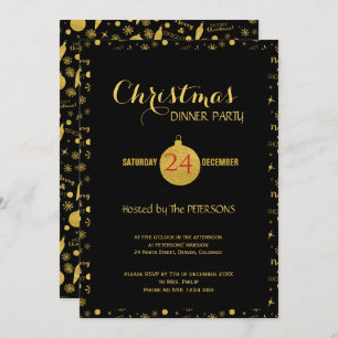 Glamorous Christmas script pattern gold black Invitation