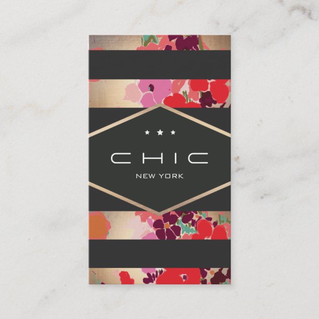 Glamorous Colorful Gold Floral Striped Business Card (Front)