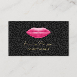 Glamorous Cosmetologist Black Leopard Pink Lips Business Card
