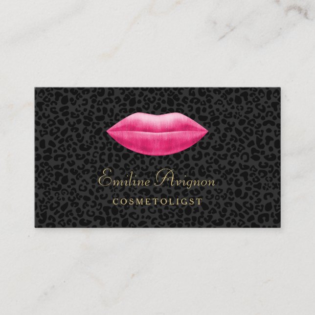 Glamorous Cosmetologist Black Leopard Pink Lips Business Card (Front)