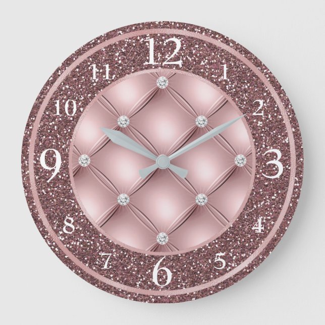 Glamorous Dark Blush Pink Glitter and Diamonds Large Clock (Front)