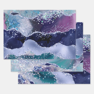 Glamorous Dark & Light Blue Faux Glitter Agate Wrapping Paper Sheets
