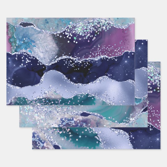 Glamorous Dark & Light Blue Faux Glitter Agate Wrapping Paper Sheets (Set)
