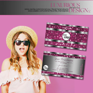 Glamorous Dark Pink Glitter Stars Logo Silver Business Card