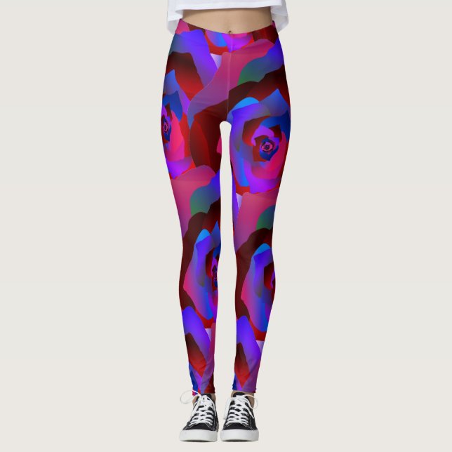 Glamorous dark red purple blue abstract rose leggings (Front)