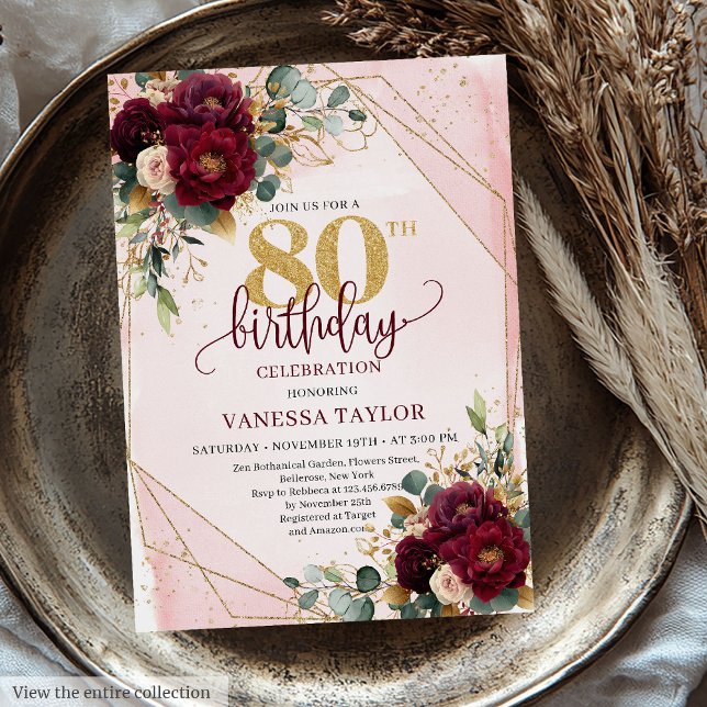 Glamorous Deep Red Blush Gold Flowers 80 Birthday Invitation (Glamorous Deep Red Blush Gold Flowers 80th Birthday Invitation)