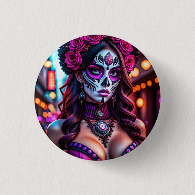 Glamorous Día de los Muertos Catrina portrait with Button (Front)