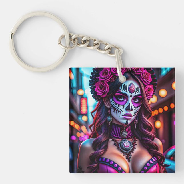 Glamorous Día de los Muertos Catrina portrait with Keychain (Front)